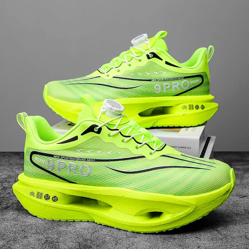 Men's Carbon Plate Rotary Buckle Running Shoes Breathable Mesh Non Slip Cushion Sneakers For Male Outdoor Training Jogging Gym