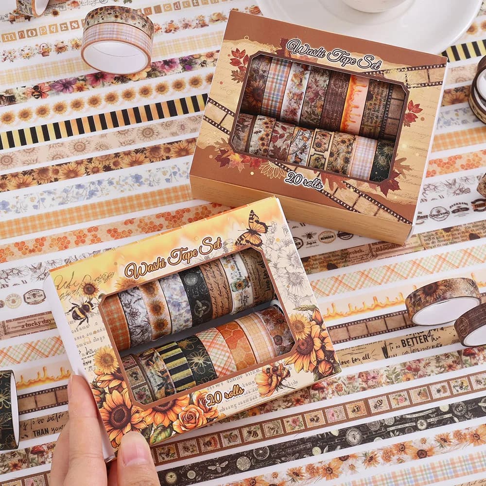 20 Rolls Vintage Washi Tape Set Plant Floral Decorative Tapes with Bee Butterfly for Scrapbooking Junk Journal Planner Supplies