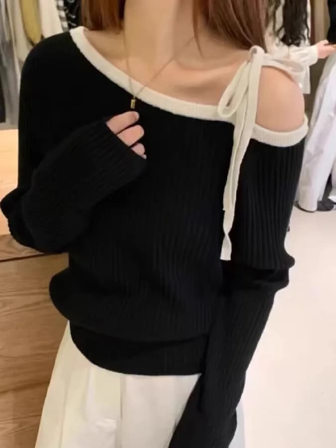 Spring Autumn Shoulder Bared Knitted Sweater Women's Slim Fit Versatile Color Block Belted Casual Long Sleeve Top