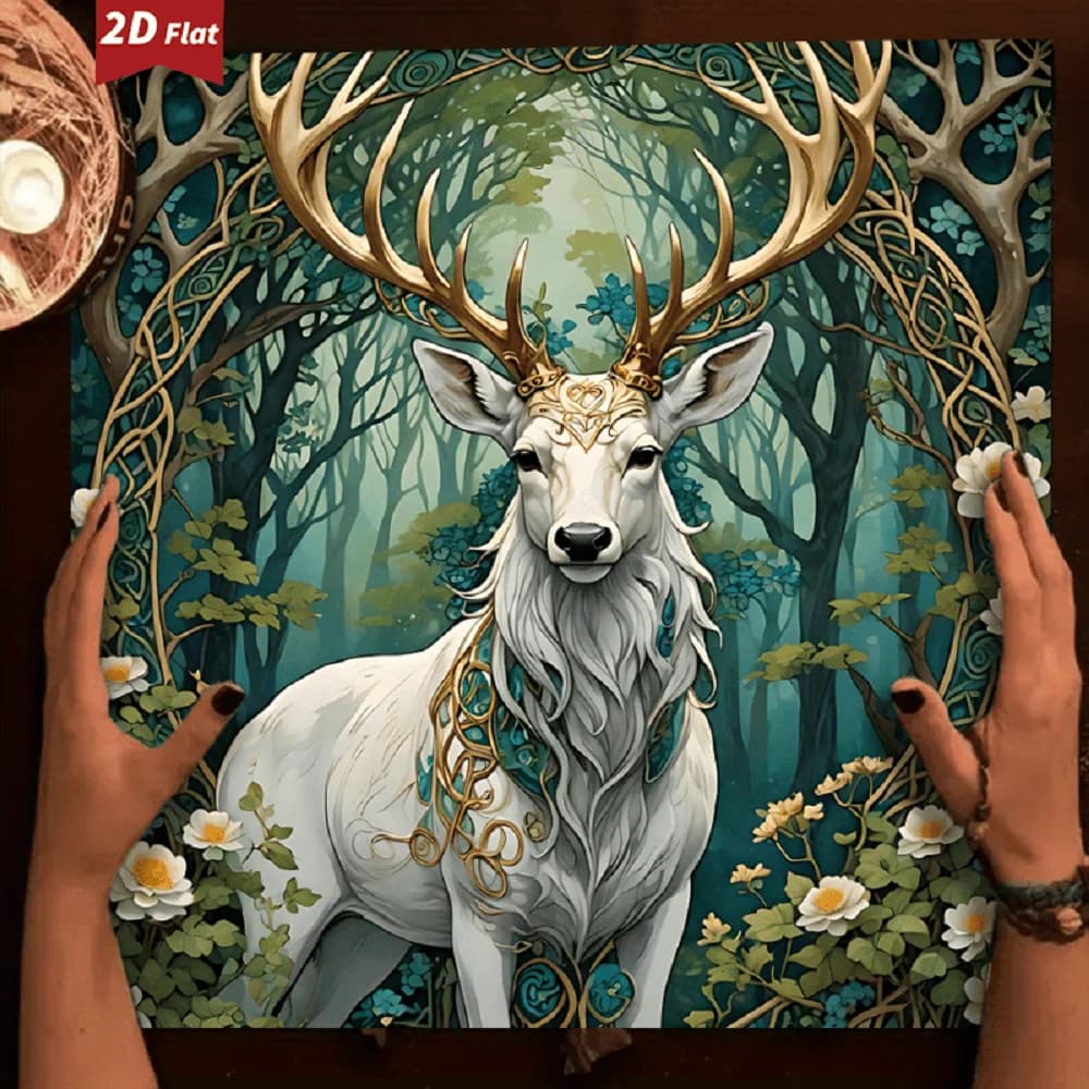 Tappeto per Tarocchi con Motivo Cervo Bianco Mistico, Base Antiscivolo in Gomma, Copritavolo per Altare, Tappetino per Pendolo con Arte Fantastica, per Lettura Carte Oracolo
