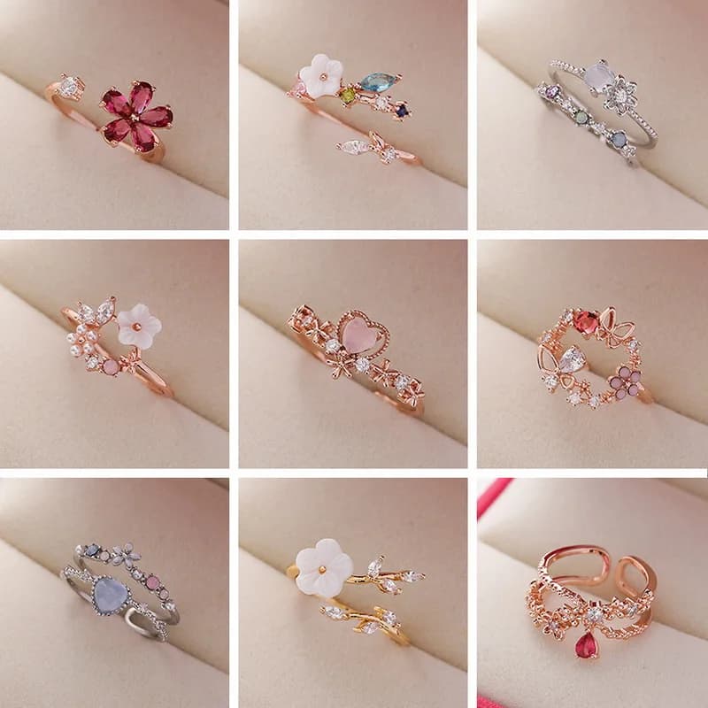Anelli con Fiori Delicati in Stile Coreano per Donne e Ragazze, Anelli con Micro-incastonatura di Cristalli e Zirconi, Accessori per Gioielli da Festa