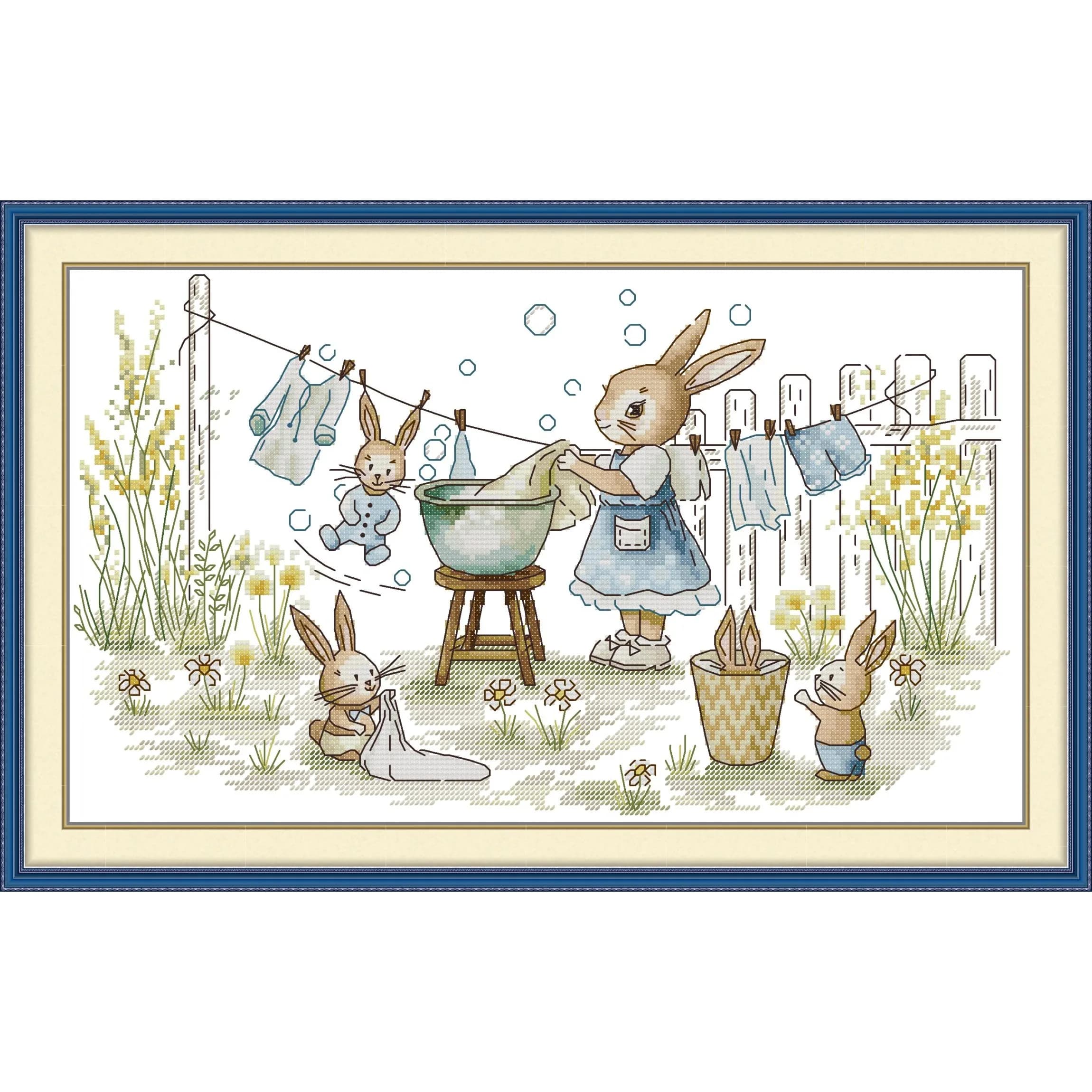 Soulgift News Pre-Printed Cross Stitch Kit, Stamped Aida Fabric with DMC Threads, Embroidery kit - The hardworking rabbit family