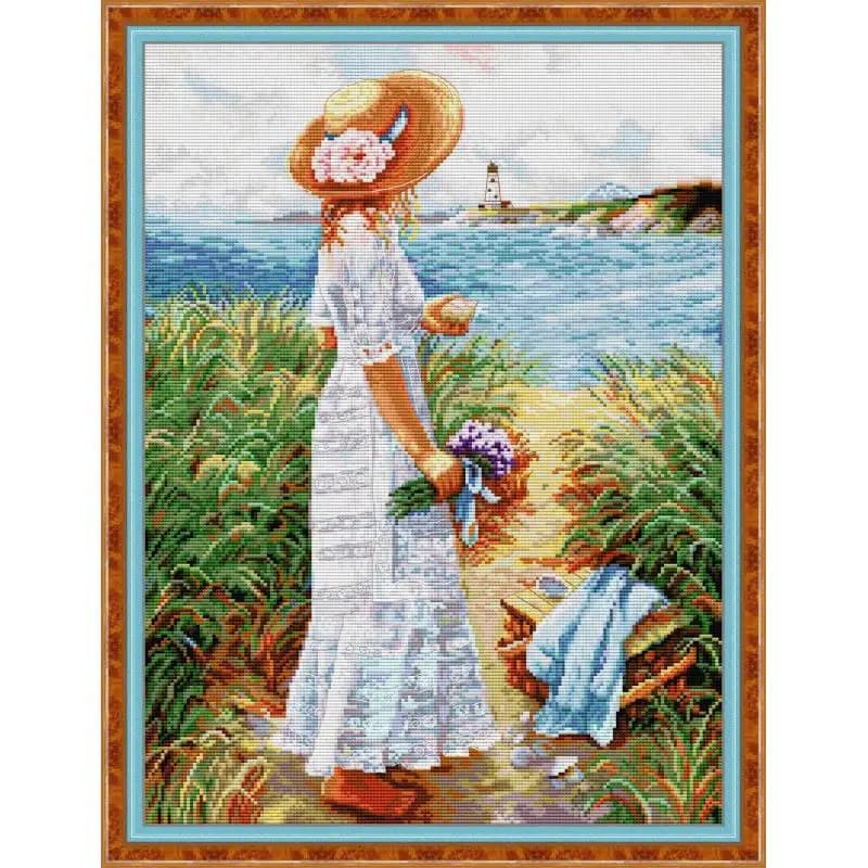 Ragazza con fiori al mare Kit da ricamo a punto croce 14CT 11CT Tessuto bianco Cucito Modello di carattere fai da te Decorazioni per la casa Regali