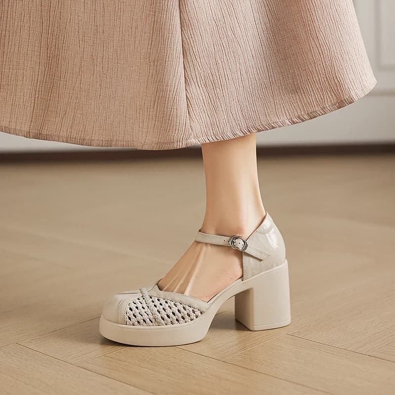 2026 new summer women sandals natural leather 22-25cm sheepskin+weave+pigskin round toe ankle-buckle high heel women shoes