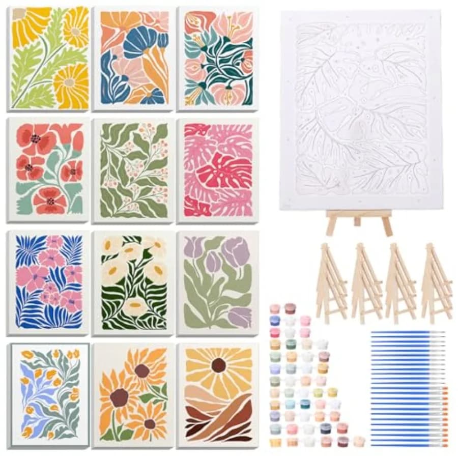 12 Set Paint by Numbers Kit for Adults Simple Painting 8x10 Inch with Wooden Frame Easel Acrylic Paints Brushes Watercolor Oil