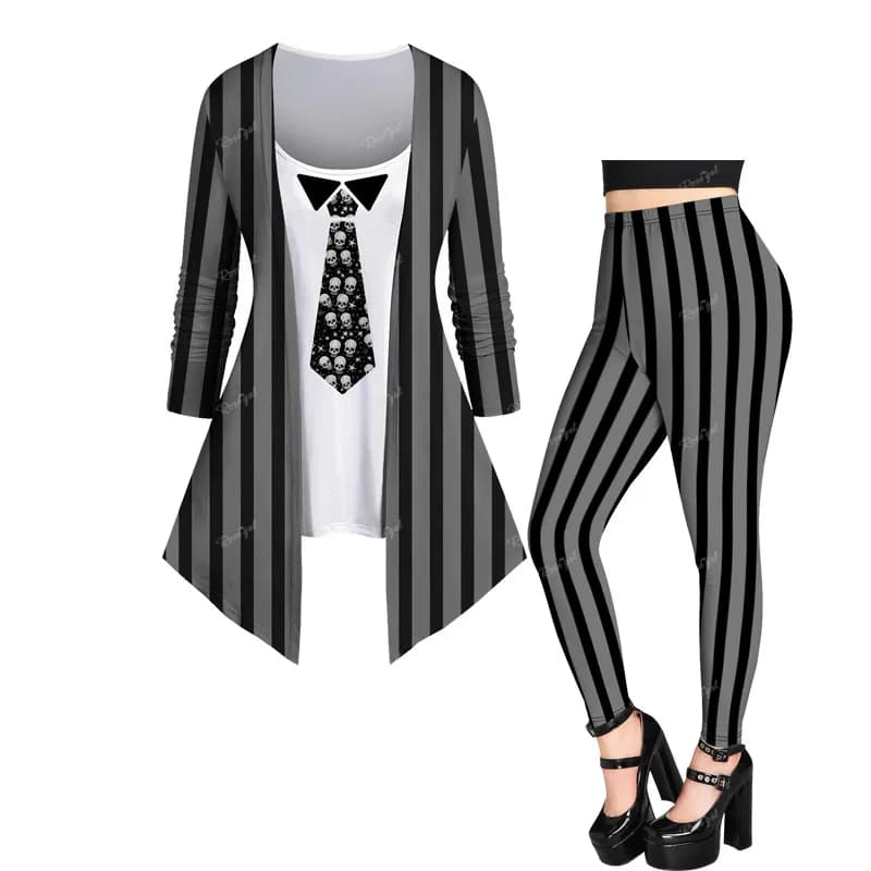 Asymmetric gothic t-shirt or Leggings Skinny paired for women 3D skulls printed casual dresses with striped print XS-6X