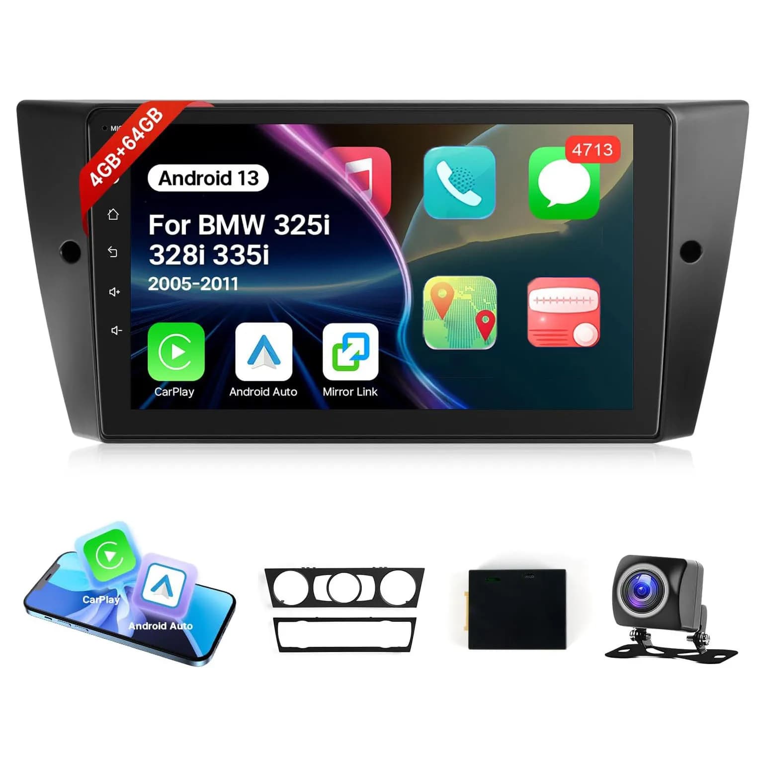 4+64G Car Radio for BMW 3 Series 328i 335i 325i 2005-2011 (E90 E91 E92 E93) No Optic Fiber Wireless CarPlay Android Auto GPS