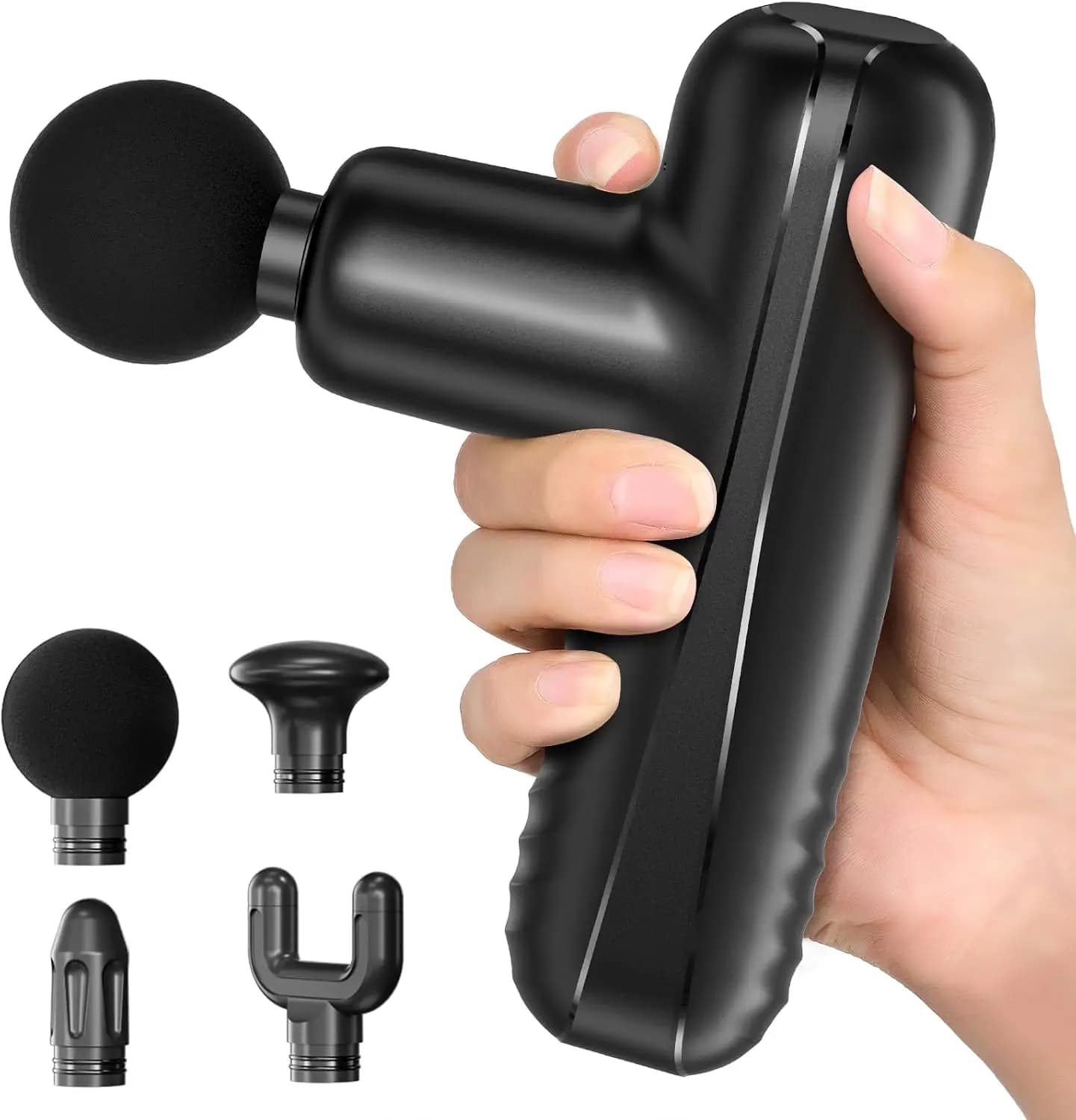 Mini Massage Gun, Powerful Handheld Muscle Massager for Deep Tissue Relaxation, Travel Size with 4 Heads, Silent Brushless Motor, Black