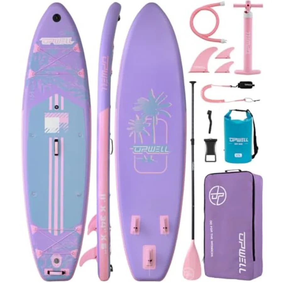 Tavola SUP Gonfiabile per Adulti e Adolescenti in PVC Blu 11'×34 con Zaino da 120L, Pagaia, Leash, Pompa Manuale e Pinne