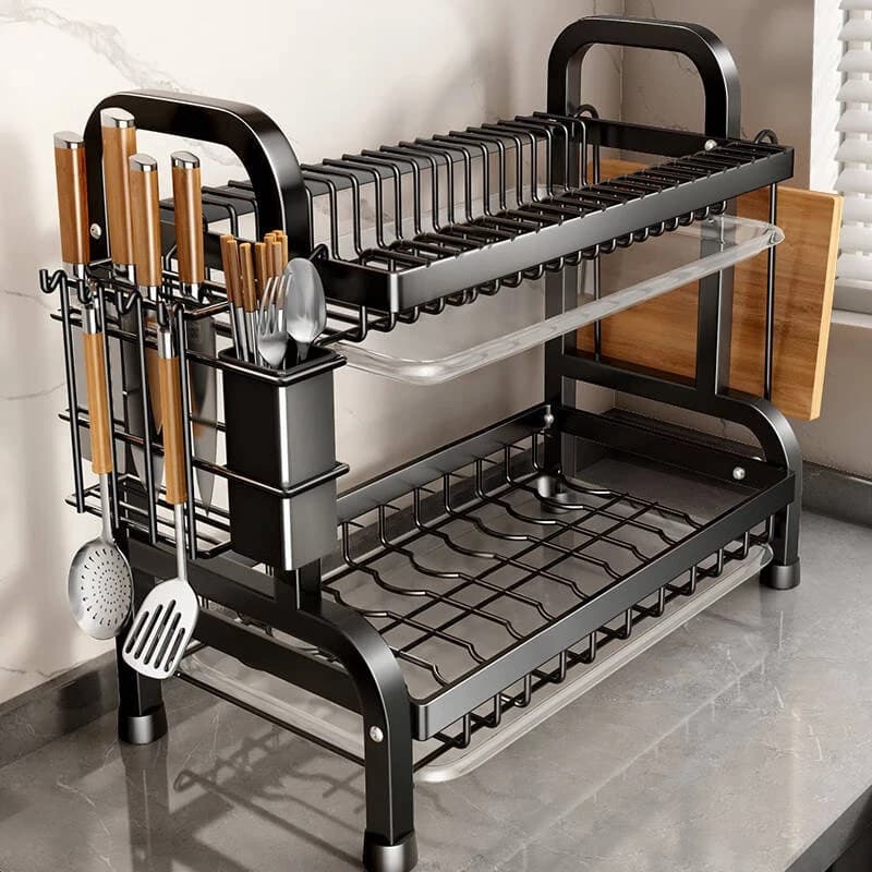 Household kitchen double-layer dish rack, multifunctional countertop storage rack for bowls, chopsticks, knives, and dishes