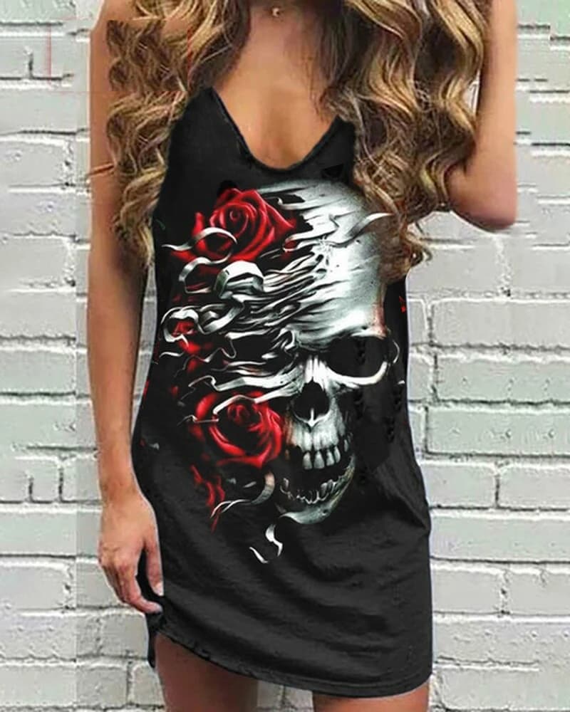 Skull Scarf Sunglasses Print Women's Sleeveless Summer vest Solid Color Streetwear O-Colle Casual