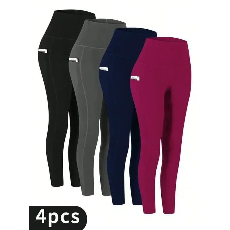 4pcs Women's High-Waisted Tight Yoga Pants Set With Pockets, Compression Leggings For Sports, Fitness, Running Yoga Pants