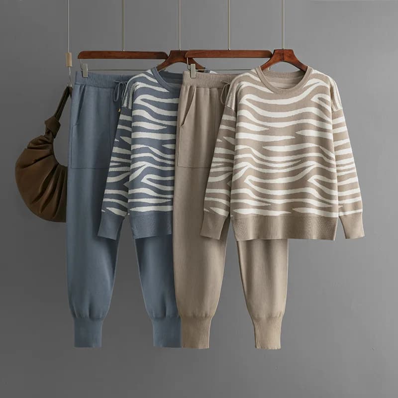 Women O-neck Leopard Long Sleeve Knitwear Pullover Sweater Tops Suit Korea Knit 2 Piece Sets High Waist Harem Pants Outfits B847