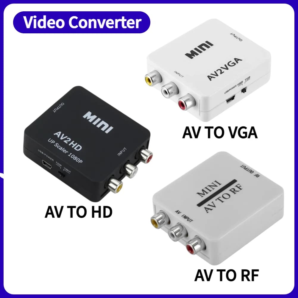 Video Converter from AV to RF, Multifunctional Mini Adapter from AV to VGA and HDMI-compatible, Supports TV RF 67.25/61.25MHz