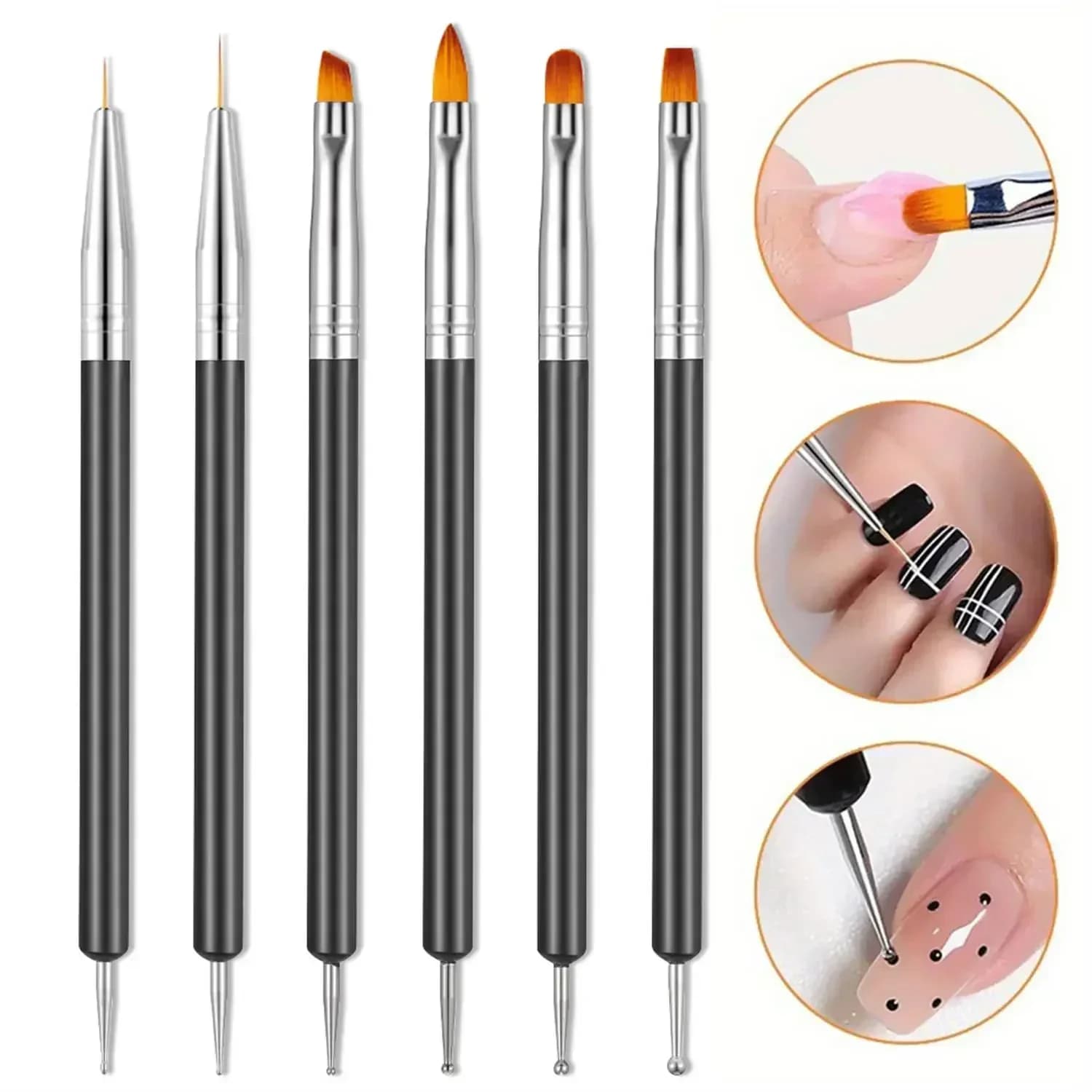 6Pcs Double-Ended Nail Art Brushes – Perfect for Gel Polish, Lining, Painting, Dotting & Detailing – Professional Nail Art Pen