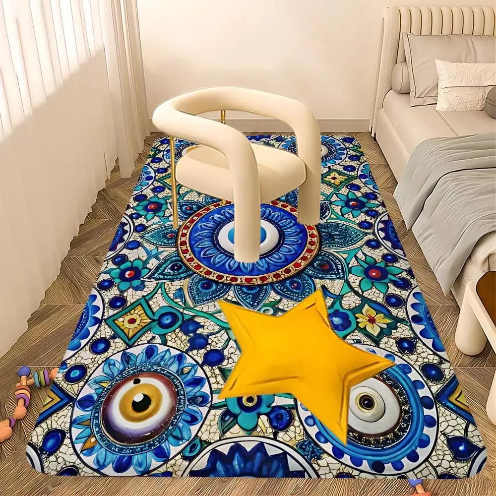 Tappetino Boho Trendy con Occhio Turco Lavabile Antiscivolo per Soggiorno, Divani, Sedie, Cucina e Bagno