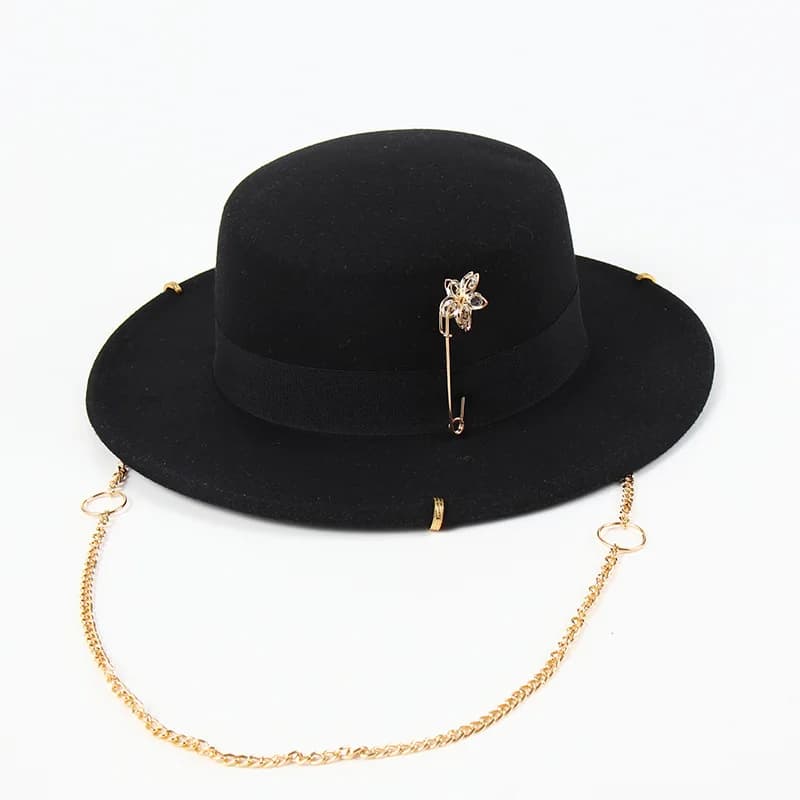 Cappello Fedora in Feltro da Donna Europeo con Pieghevoli Piatti, Spilla e Rivetti, Cappello Morbido in Feltro con Catena, Elegante, Caldo, Vintage, per Esterni