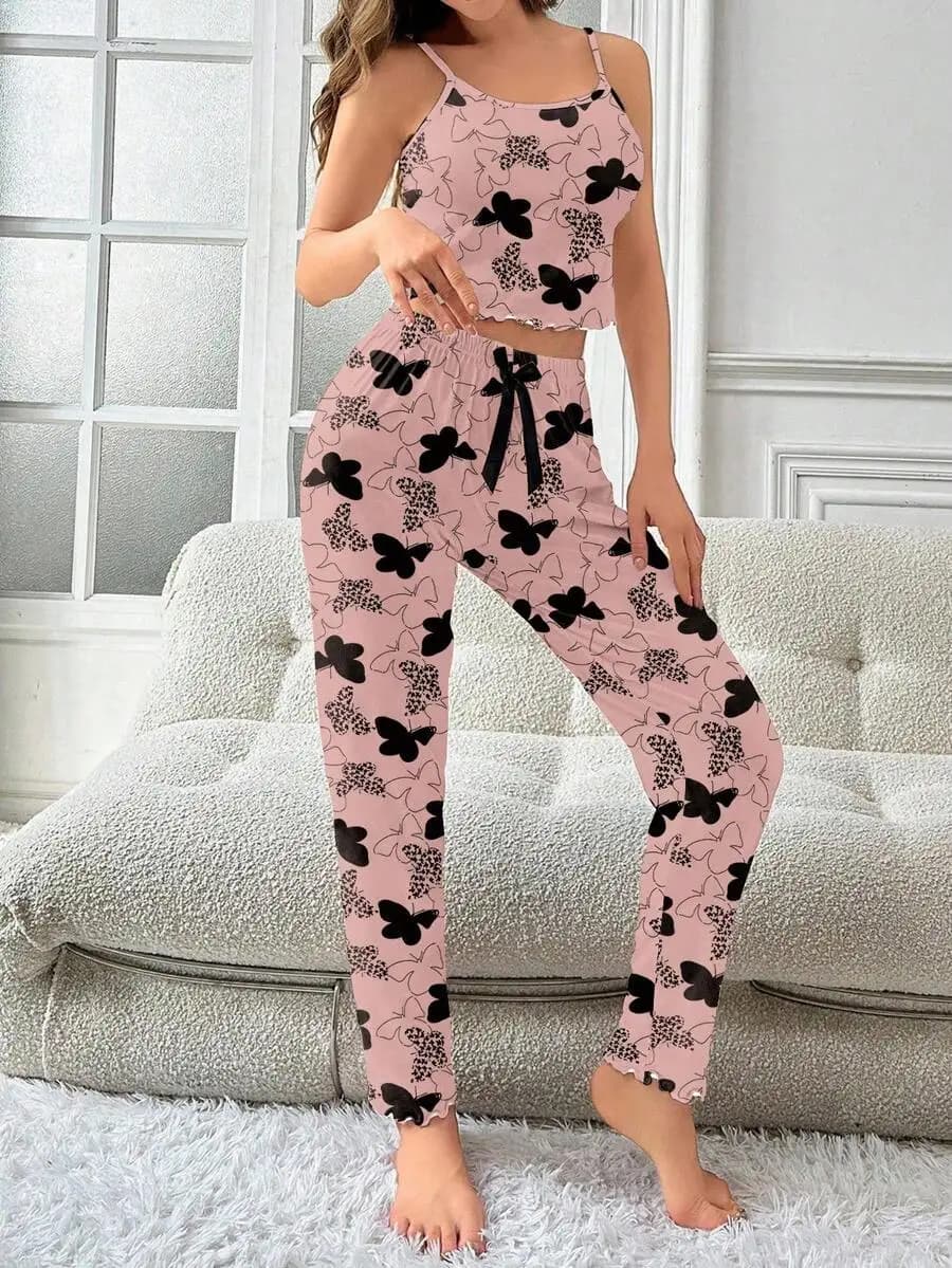 Butterfly Print Camisole And Pants Pajama Set For Women Pink Comfortable Sleepwear