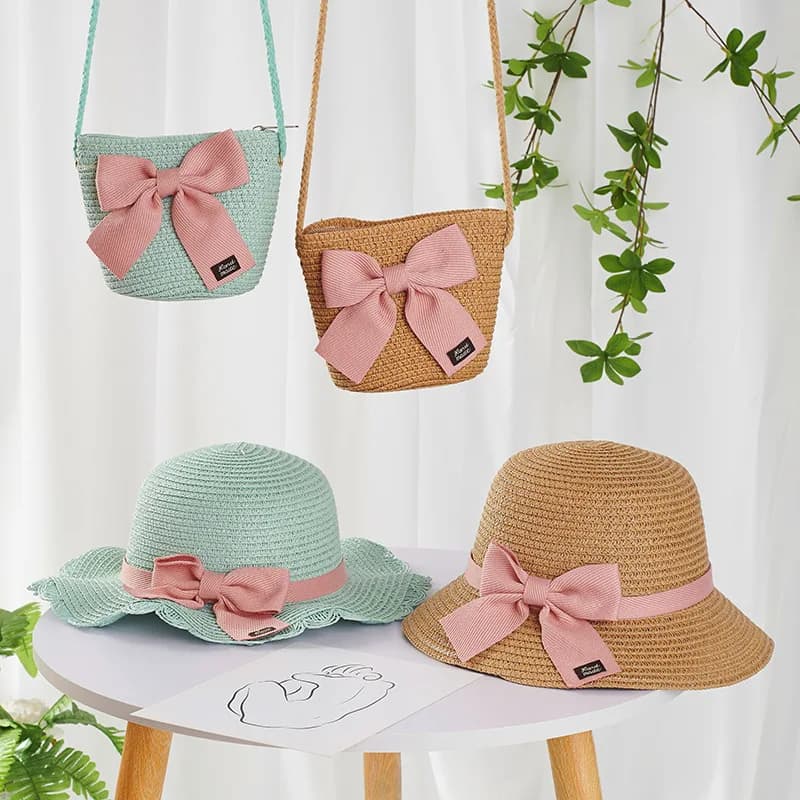 Cappelli da sole estivi con fiocco arricciato + borse a tracolla per bambini e bambine, per vacanze al mare e viaggi all'aperto, traspiranti, comodi