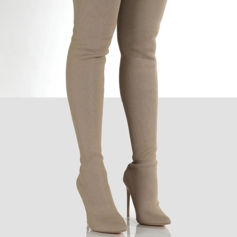 2026 Large Size Women's Elastic Knitted Knee-high Boots Retro Autumn Winter Thin Heel High Heel Korean Style over Knee Long