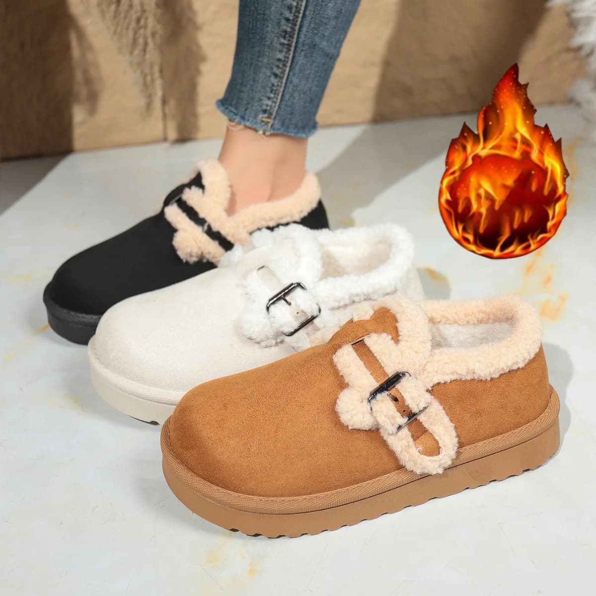 Caldi stivali da neve corti con fibbia in metallo peluche donna 2026 stivaletti invernali con fondo morbido e spesso antiscivolo stivaletti in pelliccia sintetica moda