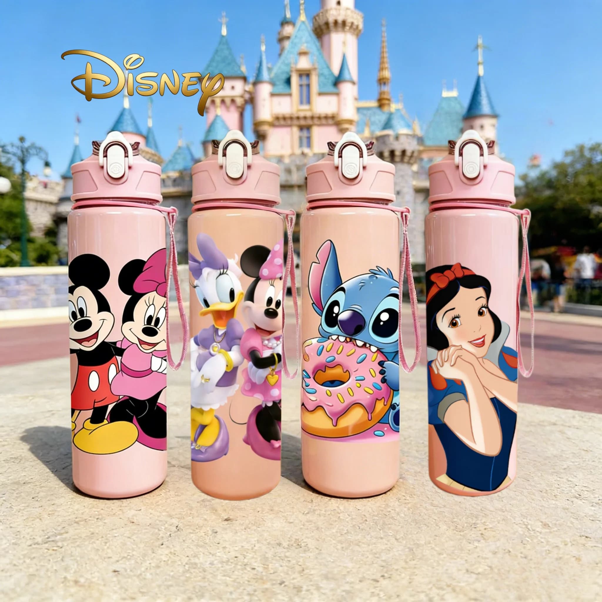 Disney Official Bottle with 3D Printing by Mickey, Snow White and Stitch, Button Cover, Resistant to Changing, Durable and Without BPA