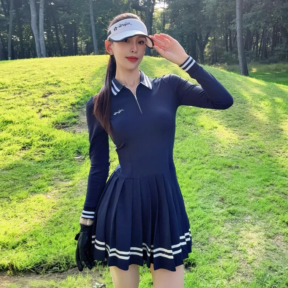 Niefle Women Long Sleeve Golf Tennis Dress with Shorts Autumn Breathable Golf Tennis Dresses Autumn Pleated Ruffle Skirt