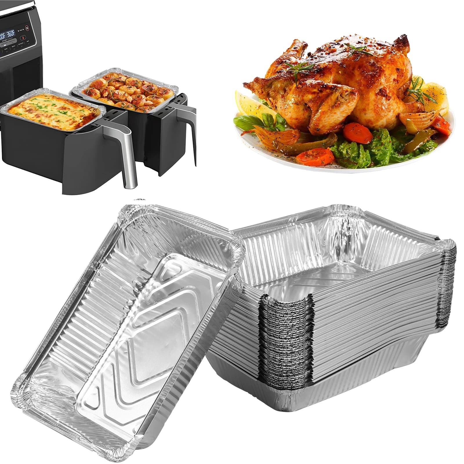 Vassoio in foglio di alluminio usa e getta da 50 pezzi Teglie da forno in foglio di alluminio antiaderente da 1,1 litri Fodere per forno per friggitrice ad aria con design a bordo alto e senza fori