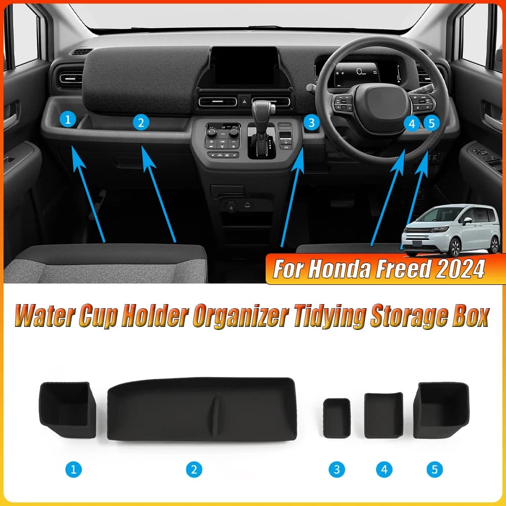 Organizzatore portabicchieri per acqua, scatola portaoggetti per riordino, solo si adatta al timone destro per Honda Freed 2024, accessori per riporre il cruscotto dell'auto