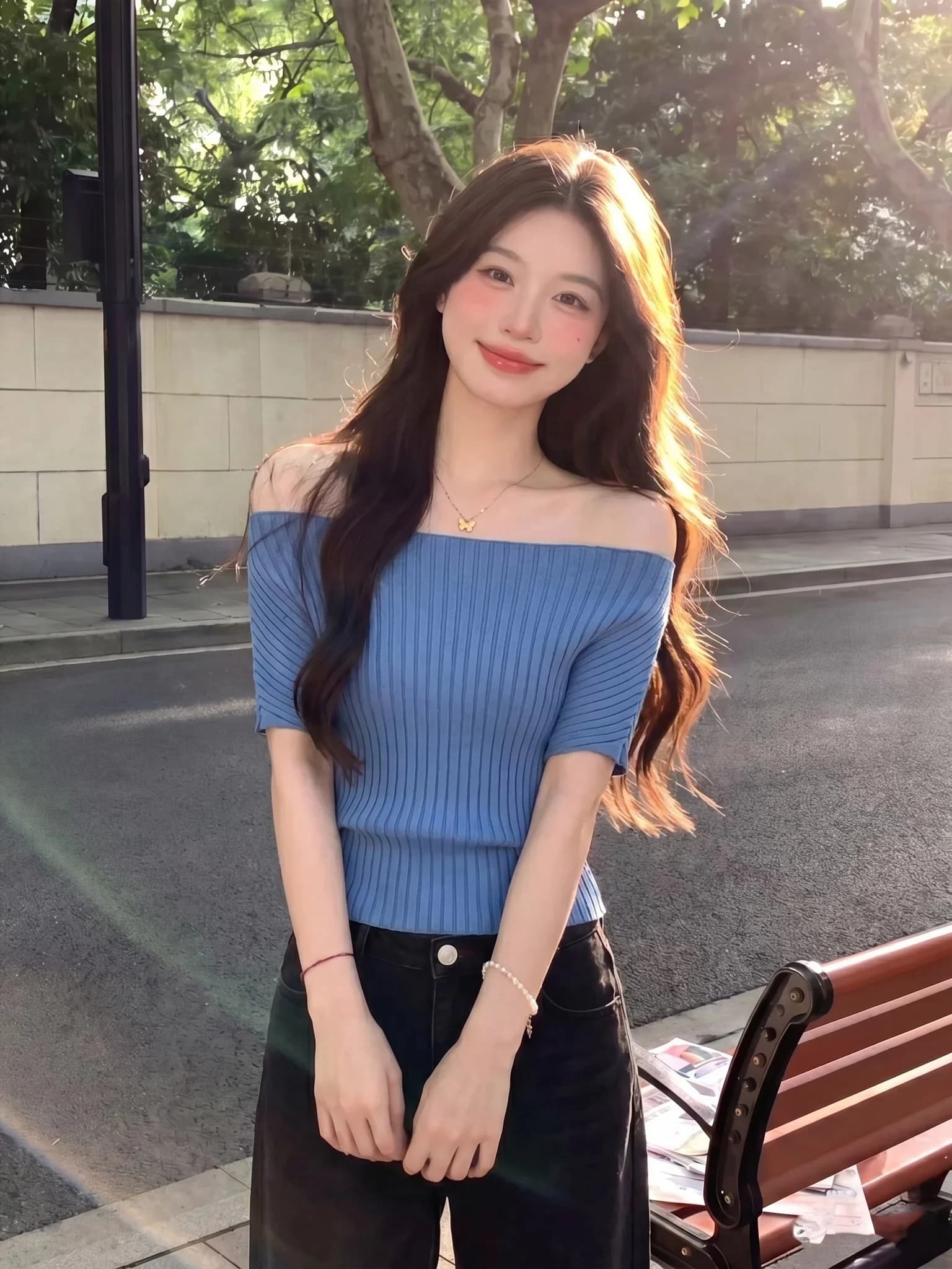 Korean Style Blue One Shoulder Knitted Short Sleeve T-Shirt Women Summer Slimming Showy Shoulder Design Breathable Comfortable