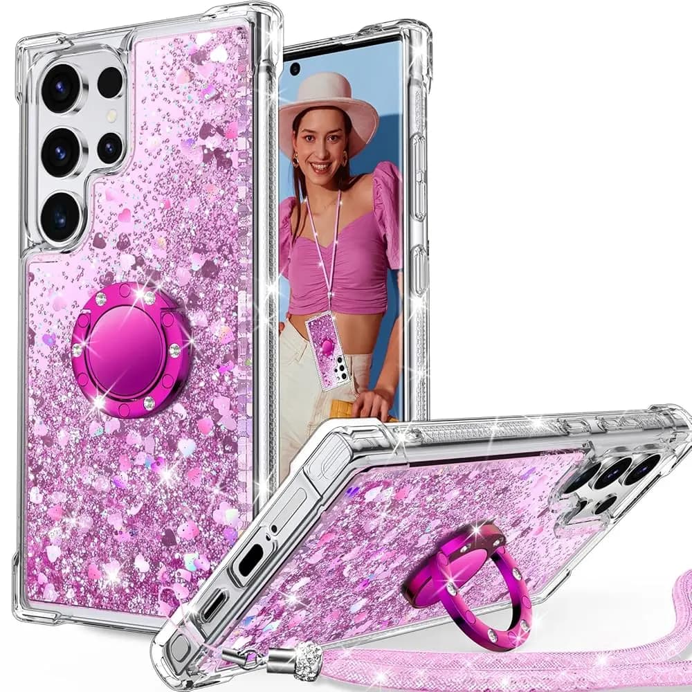 Custodia per Samsung Galaxy S24 Ultra con anello, cover glitterata con supporto e laccetto, custodia di lusso con strass per donne e ragazze