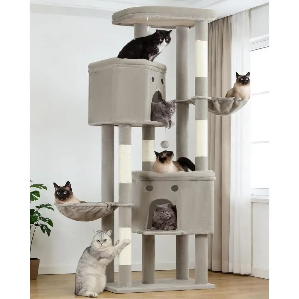 Torre per Gatti Multi-Livello XXL da 84 Pollici con 5 Posti Graffiabili, 3 Piattaforme, 2 Cesti, 2 Grotte, Grigio Chiaro per Gatti Superiori a 9 kg