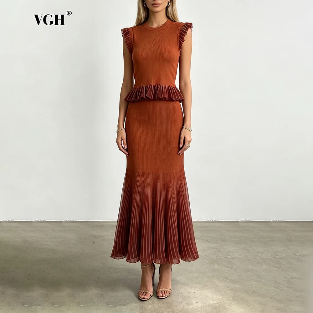 VGH Ribbed Knit Two Piece for Women Round Neck Ruffle Cap Sleeve Sheer Pleated Midi Skirt for Soft Tone Birthday Banquet Outfit