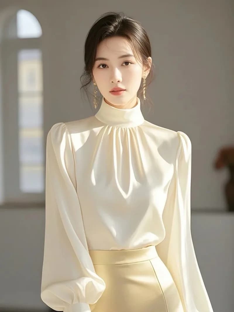 Nuova camicetta autunnale francese moda donna design di fascia alta senso tinta unita manica lunga colletto alla coreana camicia elegante da ufficio signora