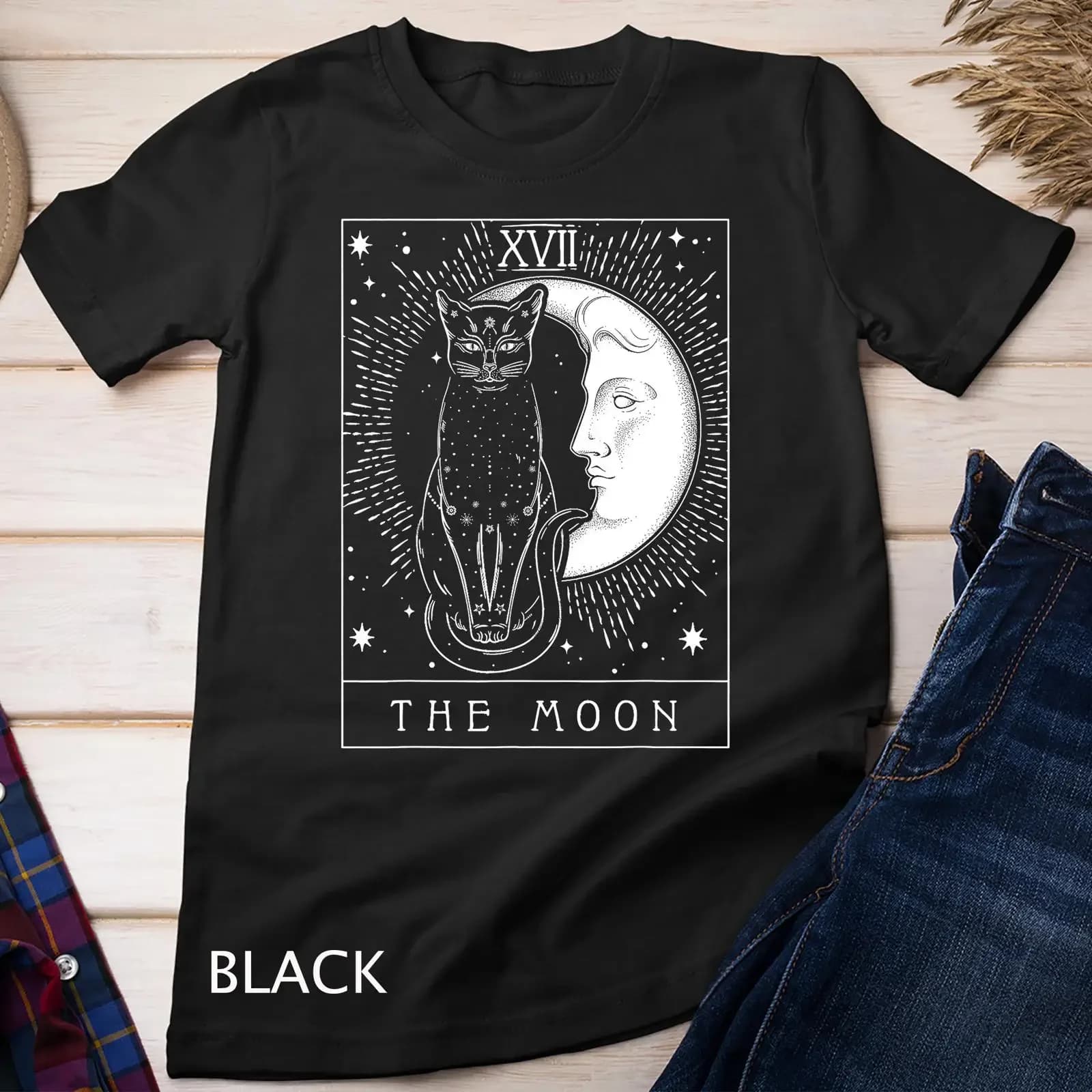 Tarot Card Crescent Moon And Cat Cats T Shirt SweaT vintage Washed Stylish Slightly Comfortable Casual Top For Everyday Wear