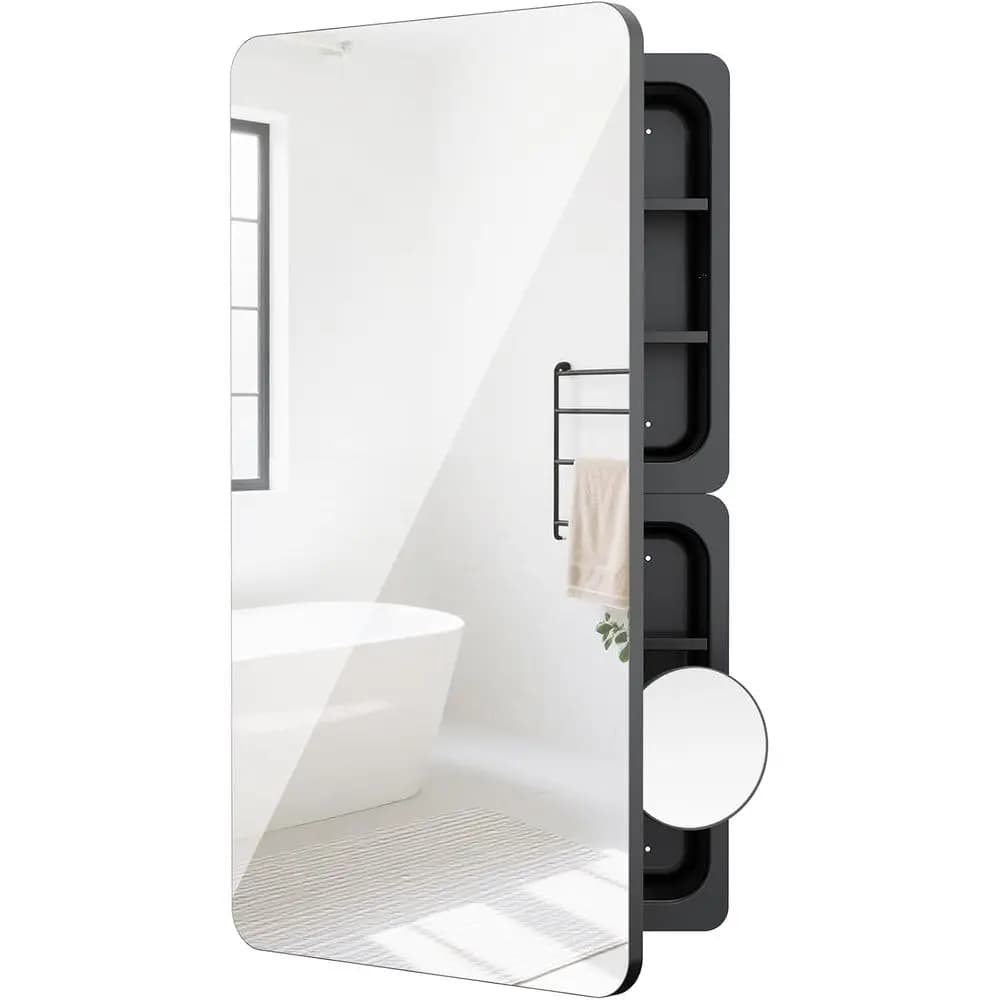 Armadietto a Specchio per Bagno 20×36 con Specchio Ingranditore 3X, Ripiani Regolabili, Specchio da Bagno con Vano Portaoggetti, da Incasso o da Parete