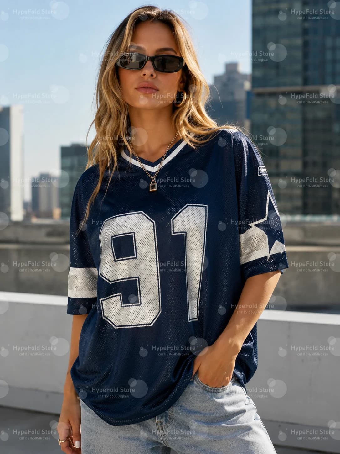 Summer New Black Speed 91 Print T-Shirt For Women V-Neck Patchwork Short Sleeve Sports Football Jersey Y2K Loose Oversized Tops