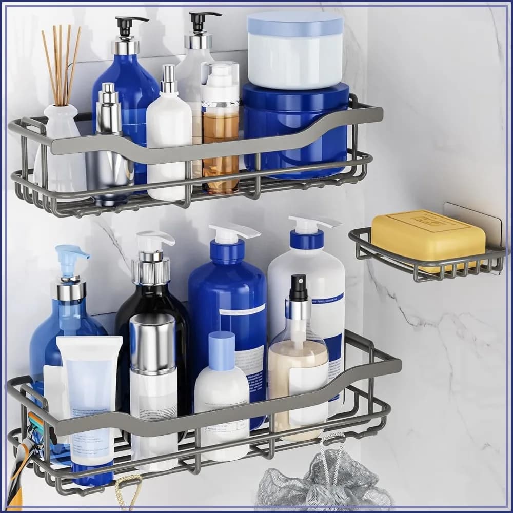 3-Pack Shower Caddy with Soap Holder, Adhesive Rustproof No-drill Sturdy Loading Inside Shower Organizer Shelves Rack Storage Bathroom Organization for Smooth Wall Glass Tile, Grey (X-Large)