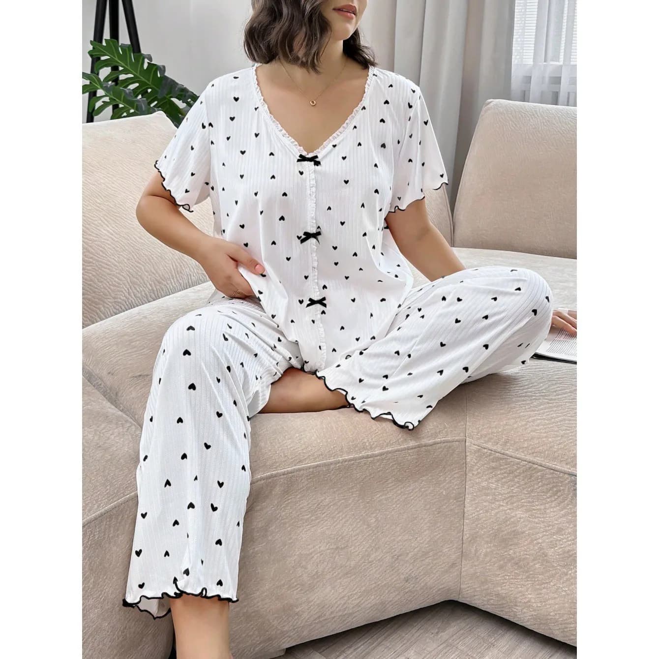 Pigiama Estivo da Donna, Set 2 Pezzi con Top Scollo a V, Abbigliamento da Notte Taglie Forti, Pantaloni a Gamba Larga, Completo Loungewear Due Pezzi