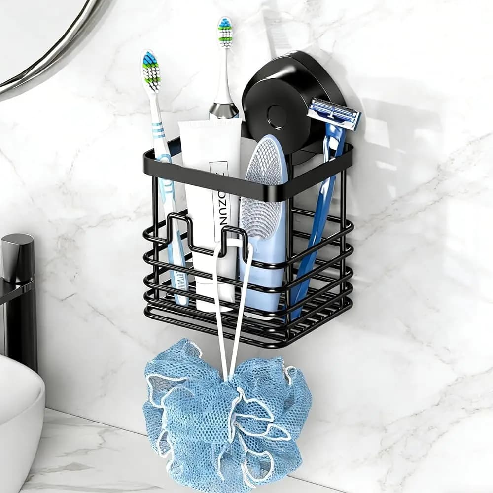 Portaspazzolino a ventosa da parete, organizer per spazzolini e dentifricio da bagno con ganci, portaoggetti doccia senza foratura