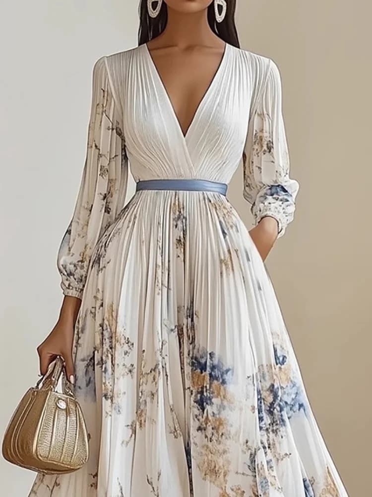 Nuovo abito da festa semplice a maniche lunghe primavera estate, abito lungo stampato chic con scollo a V profondo da donna, abito da donna alla moda patchwork 2025