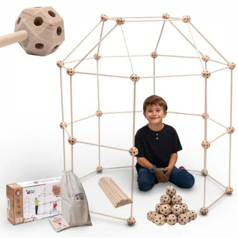 Kit per Costruire Fortini in Legno - Gioco di Costruzione STEM Montessori con 52 Aste e 30 Sfere - Set da Gioco in Legno Ecologico Naturale