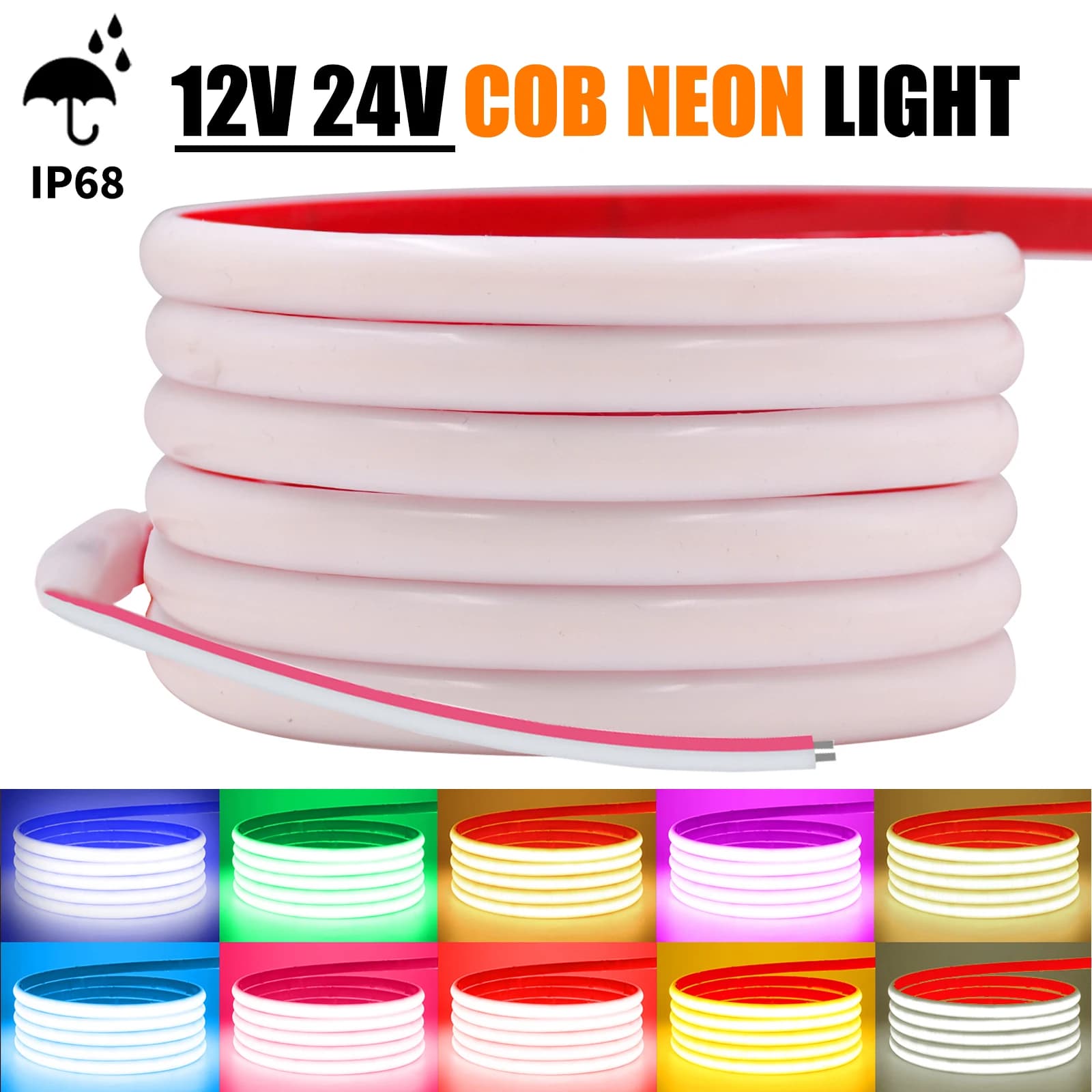IP68 impermeabile COB LED Neon Strip Light DC 12V 24V 320Leds/M Flex nastro RA90 illuminazione lineare ad alta densità rosso blu verde