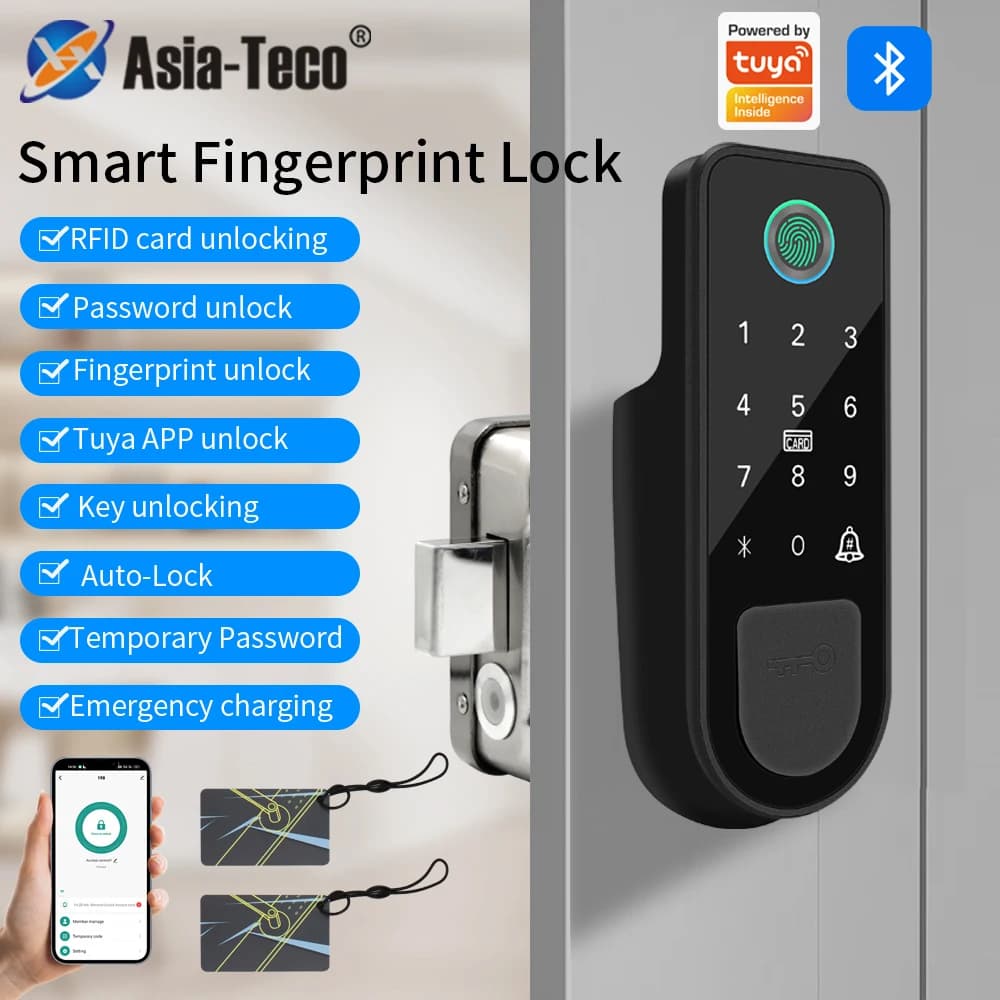 Tuya Smart Fingerprint Door Lock Blocco cancello esterno Password IC Card App remota NFC Sblocca serrature elettroniche per motori con bullone per cerchioni