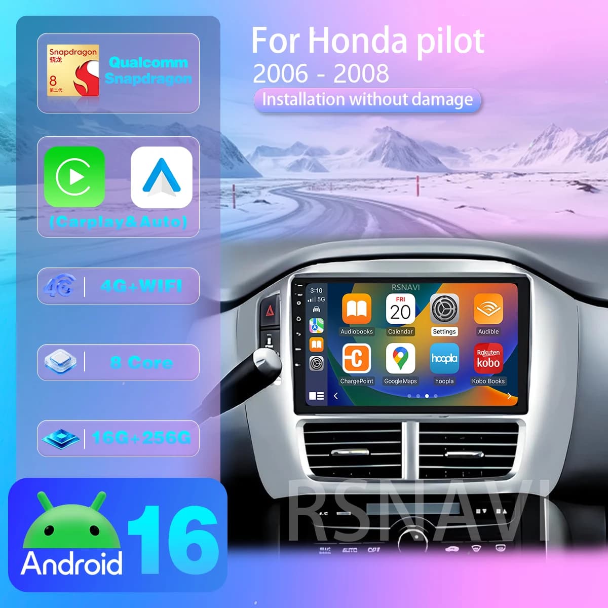 RSNAVI Android 16 For Honda Pilot 2006 2007 2008 Carplay Auto Car Radio DAB+ Multimedia Player 2din Head Unit Snapdragon WIFI+4G
