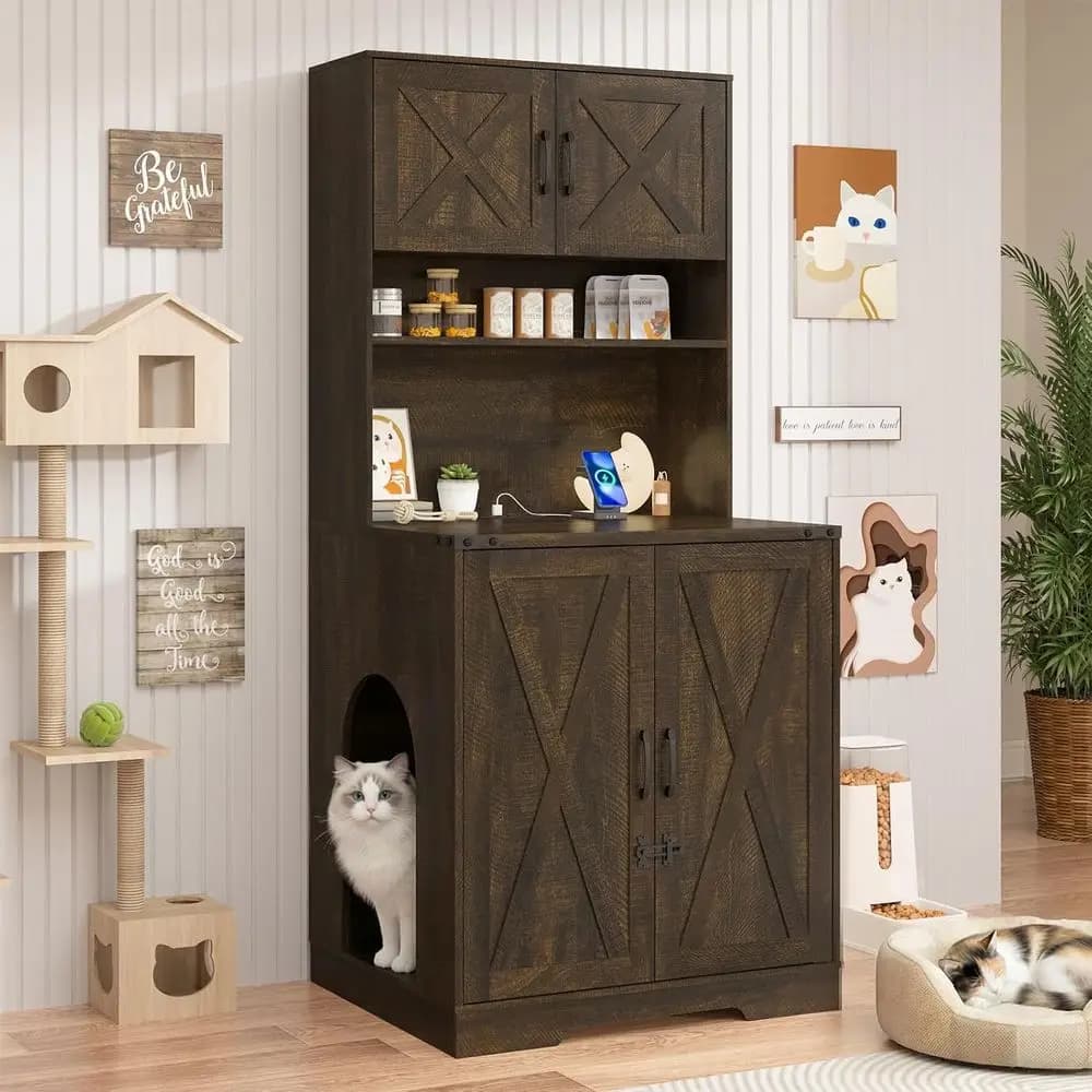 71 Tall Wooden Cat Litter Box Enclosure with Power Outlets, Open Shelves, Lockable Cabinet, White Indoor Cat House, Hidden Litte