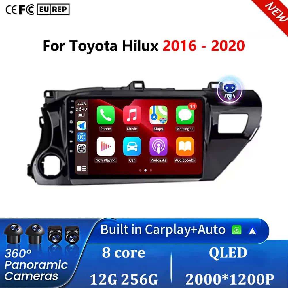 Autoradio Android 16 per Toyota Hilux 2016-2020 con schermo, lettore multimediale, navigatore GPS, Carplay, Bluetooth e Head Unit