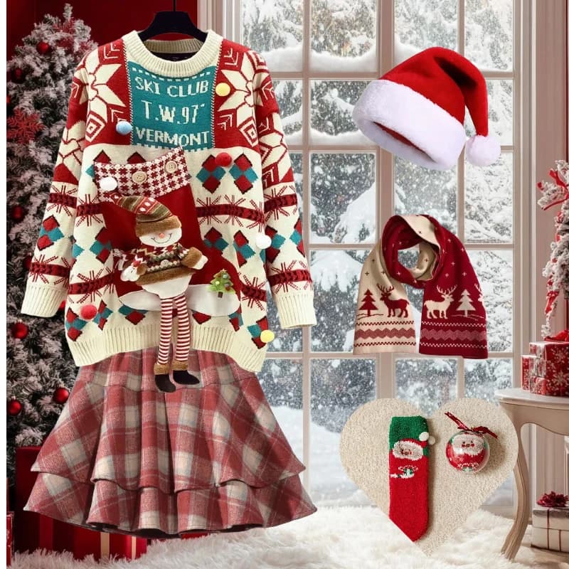 Women's Red Sweater Gonna Brown Top Furry Uniform JK Socks with Santa print Christmas Set Full Christmas Day Winter Season