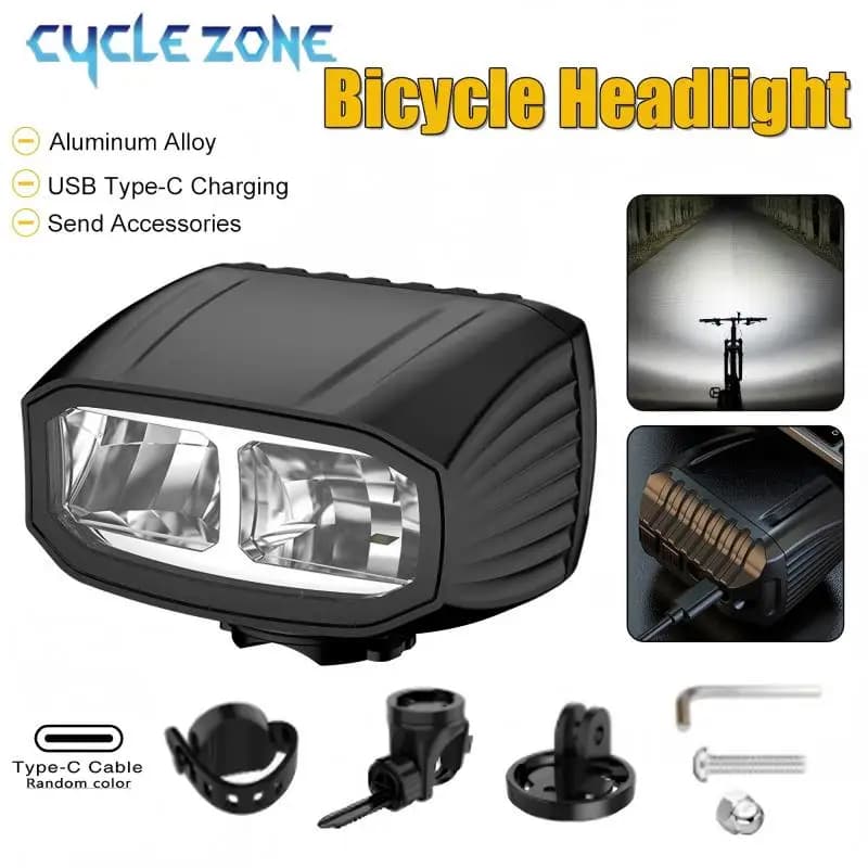 Luce anteriore per bici Lega di alluminio Faro per bicicletta Torcia Doppia perline luminose TYPE-C Luci di sicurezza per guida notturna ricaricabili
