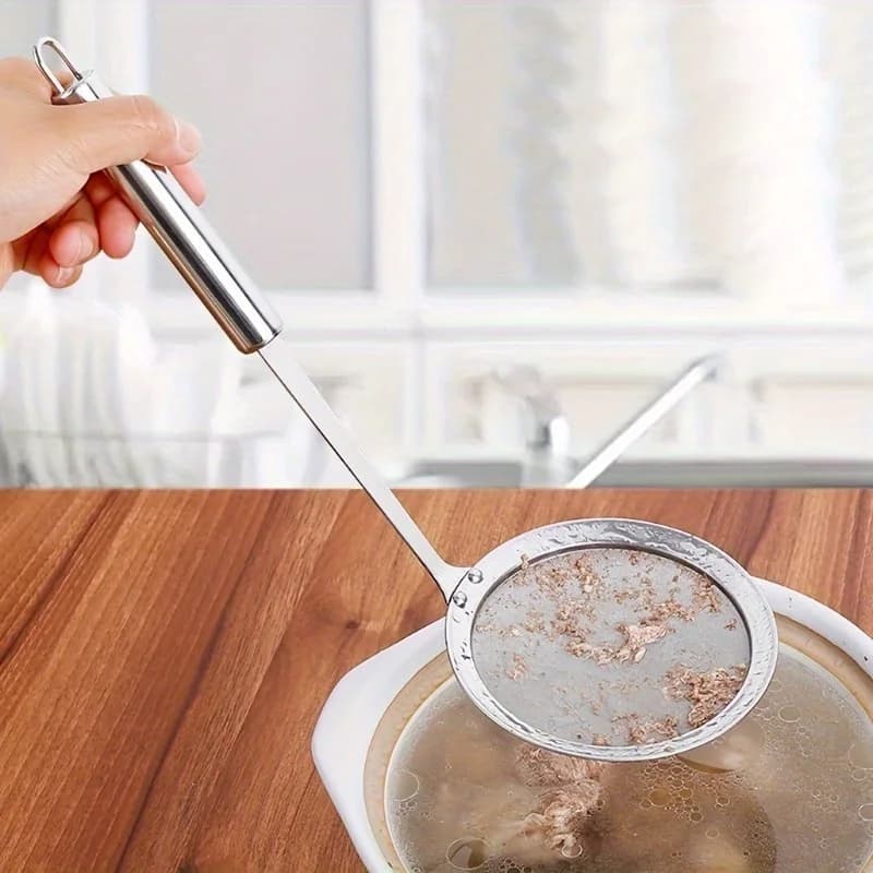 [Colino da cucina essenziale] Cucchiaio per la pulizia con manico lungo in acciaio inossidabile | Colino a maglia fine per grasso e salsa di soia